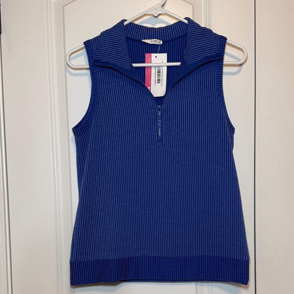 Royal Ribbed Half Zip Sleeveless Top